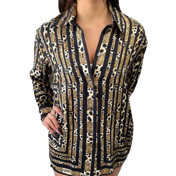FENDI Vintage Big FF Zucca Logo Silk Shirt Top Leopard Brown Black Silk [104015] - Picture 1 of 10